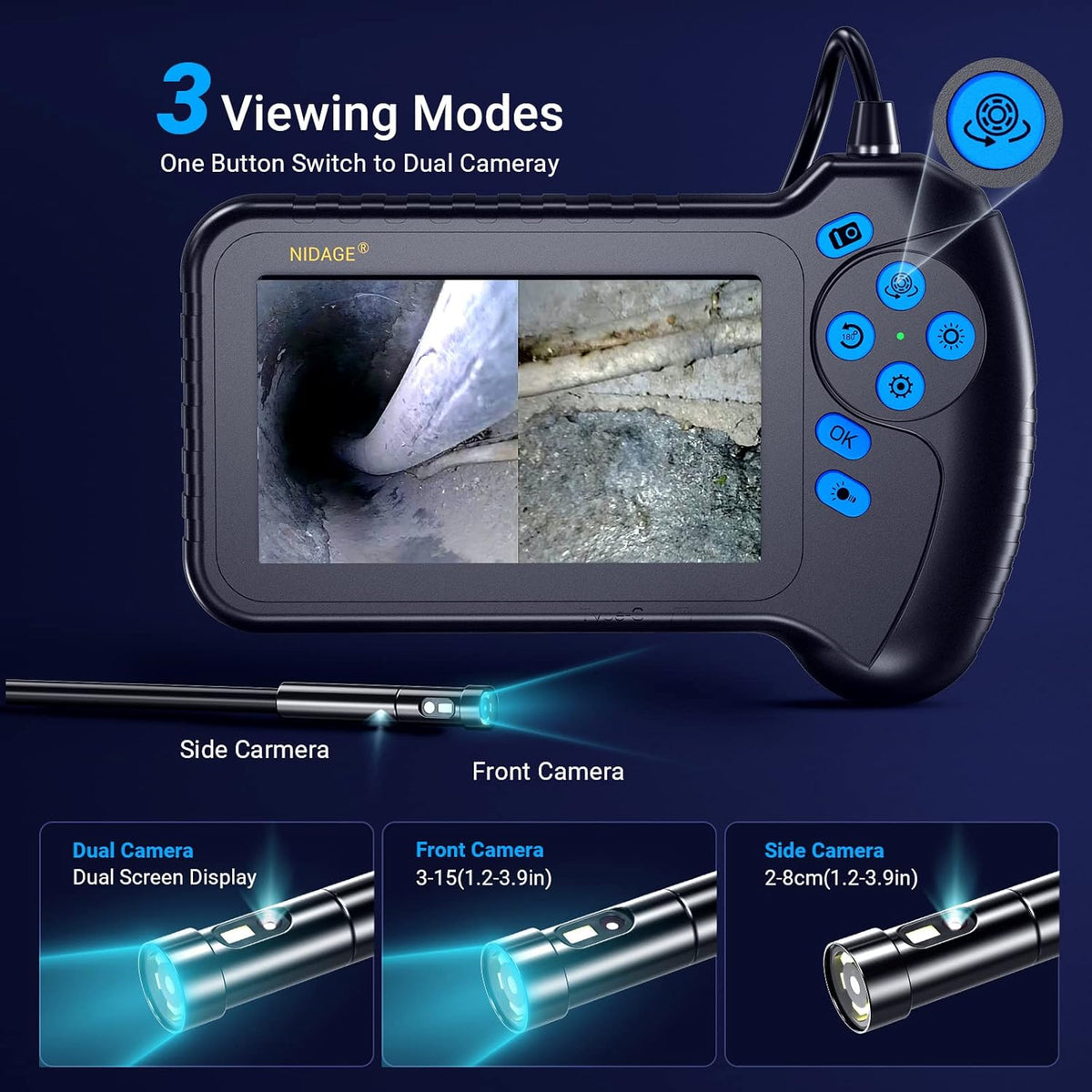 50FT Dual Lens Inspection Camera with 5 IPS Screen and 7 LED Lights T780847