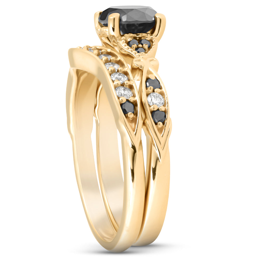 Black & White Diamond Engagement Wedding Ring Set 10k Yellow Gold Y15885