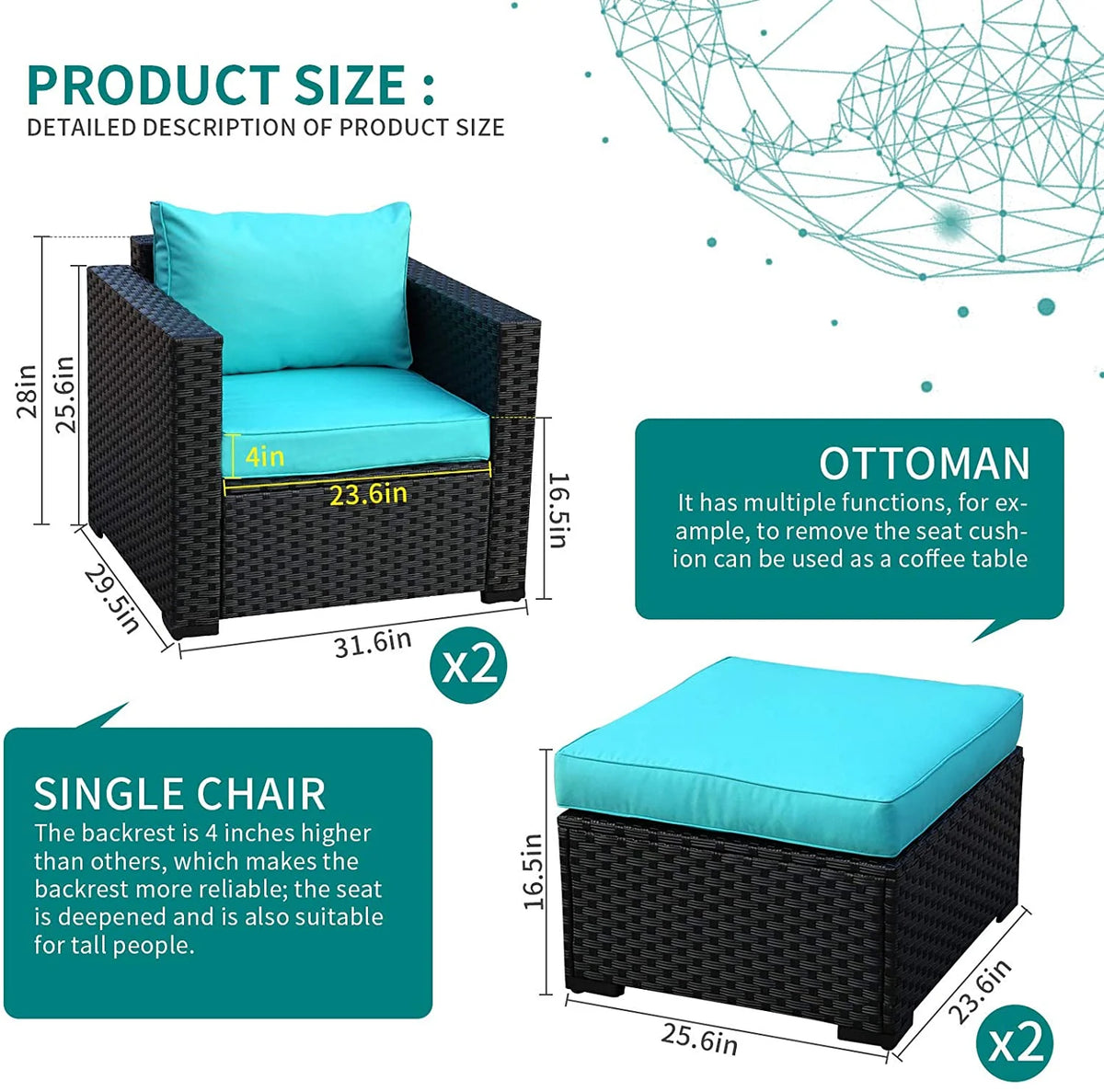 Black Rattan 4 Piece Outdoor Wicker Sectional Sofa with Turquoise Cushions Z691