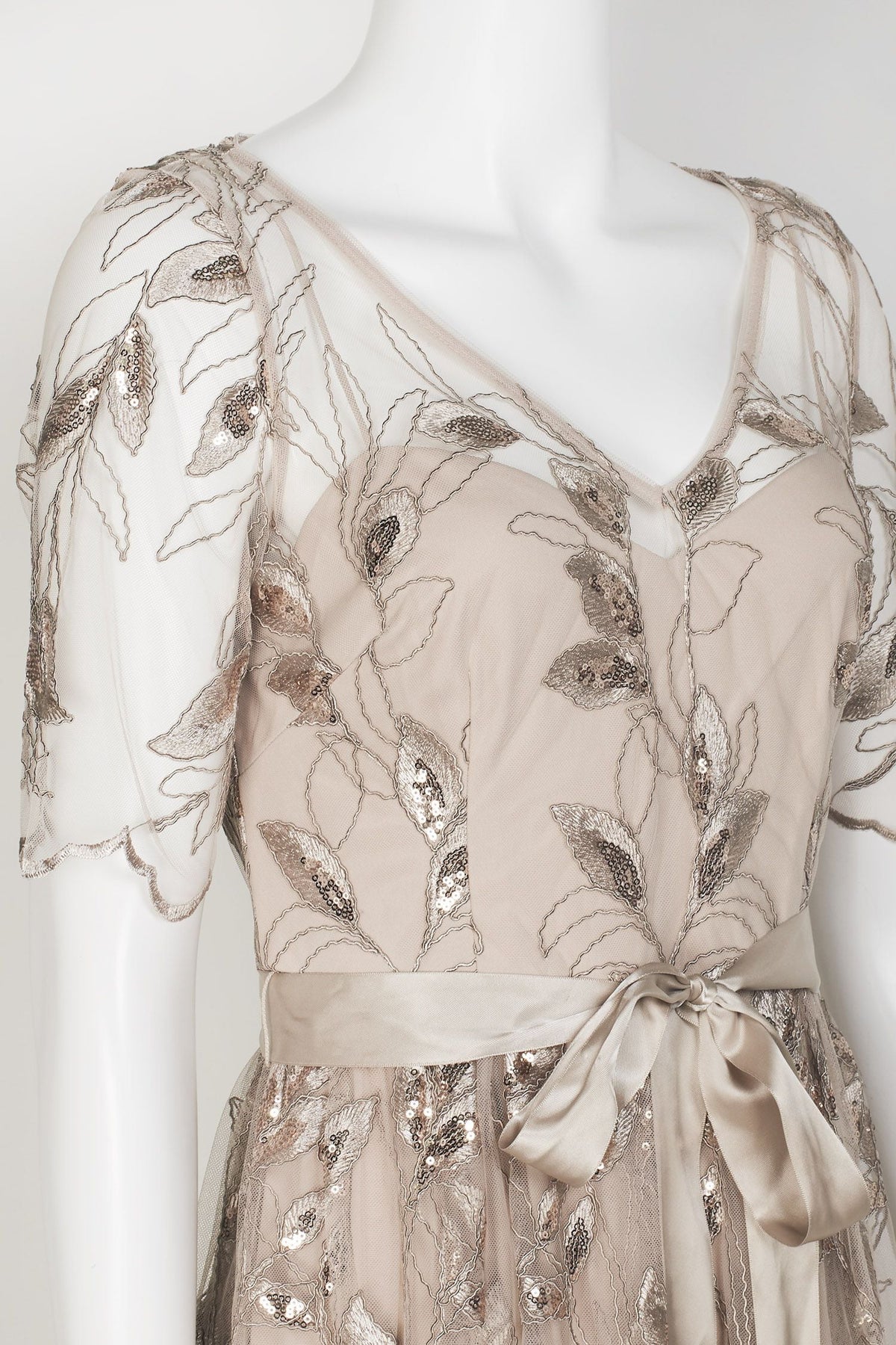Champagne Gold V-Neck Short Sleeve Embellished Long Mesh Dress O487643