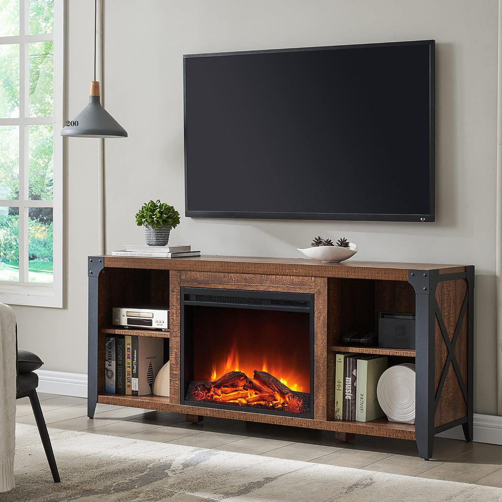 Industrial Entertainment Center with Electric Fireplace, Dark Rustic Oak W42941