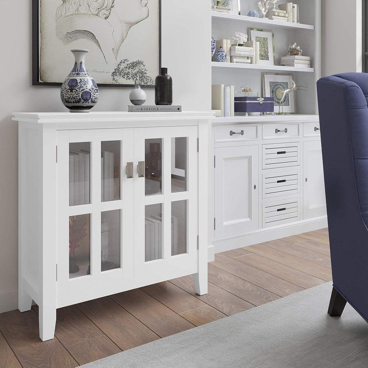 White 30 inch Solid Wood Low Storage Cabinet with 2 Tempered Glass Doors and 2 Adjustable Shelves Y12170