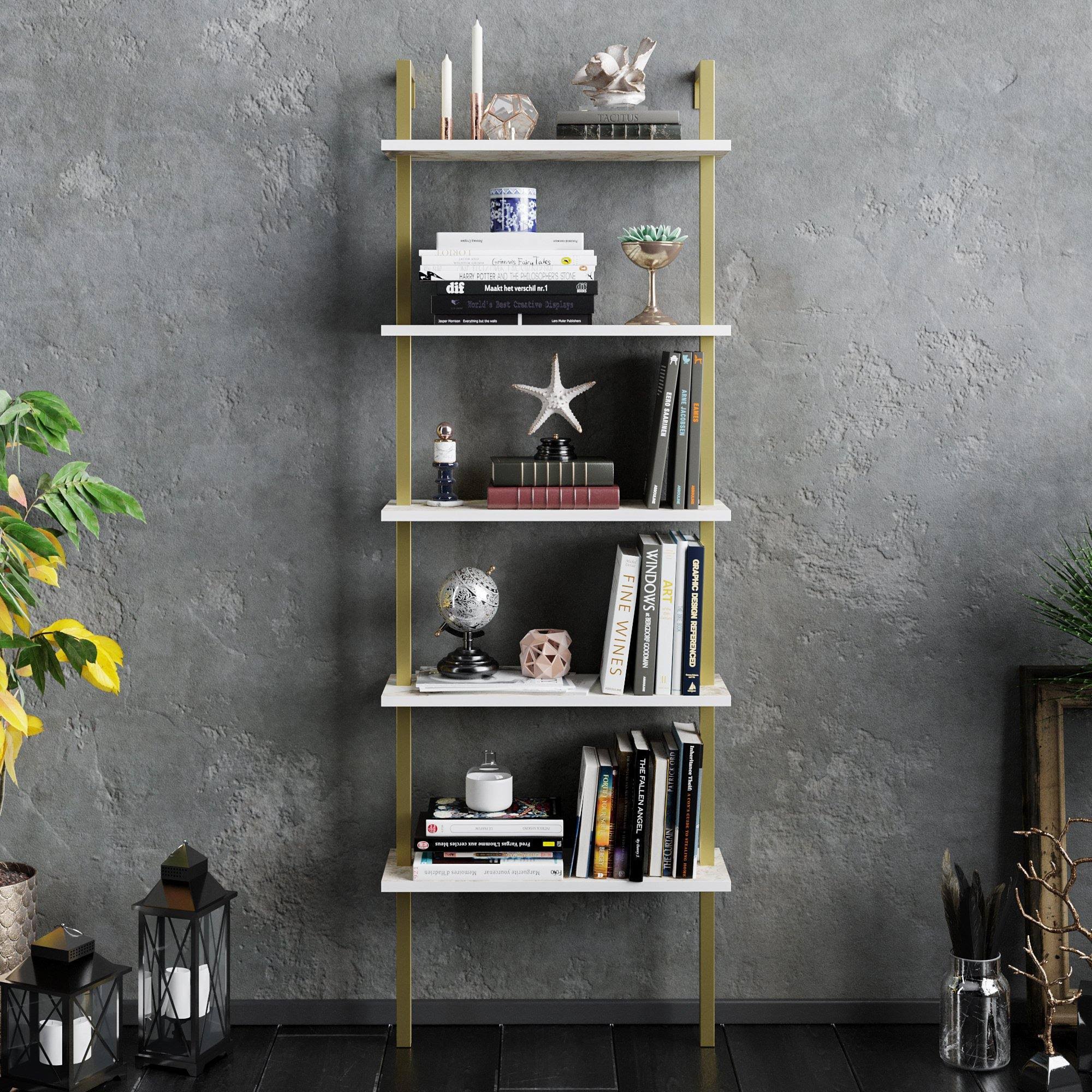 White Metal Wood Accent Ladder Bookcase V446687