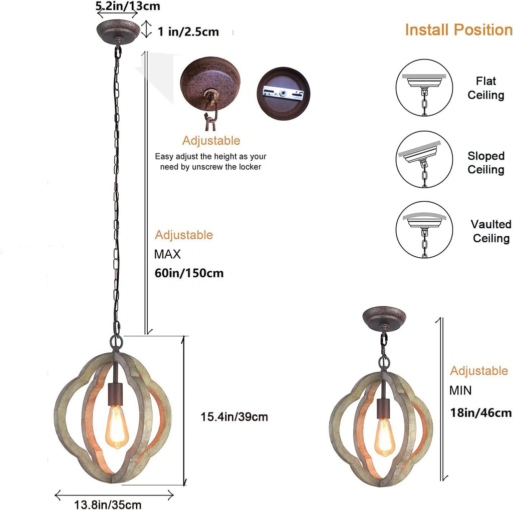 Retro Iron Wooden Chandelier 4 Candle Holder Light W15.7XH18.9 Inch L981