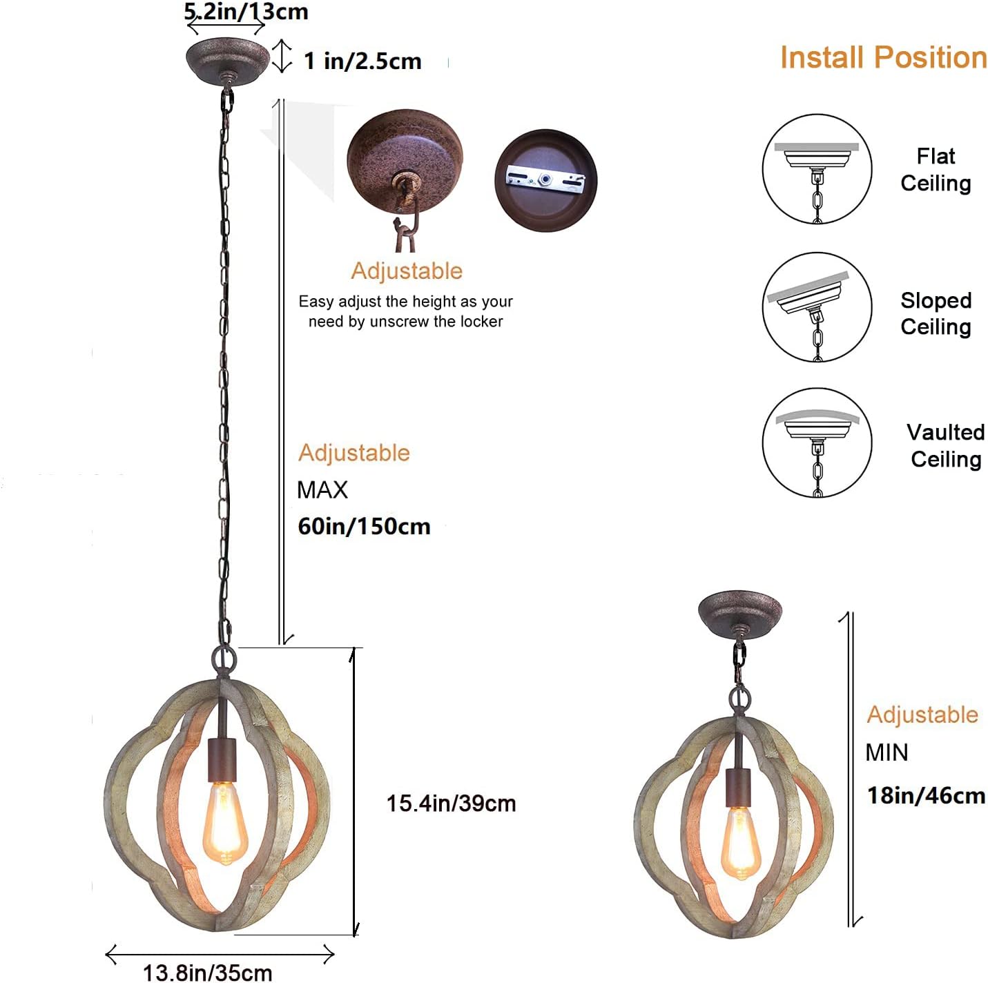 Retro Iron Wooden Chandelier 4 Candle Holder Light W15.7XH18.9 Inch L981