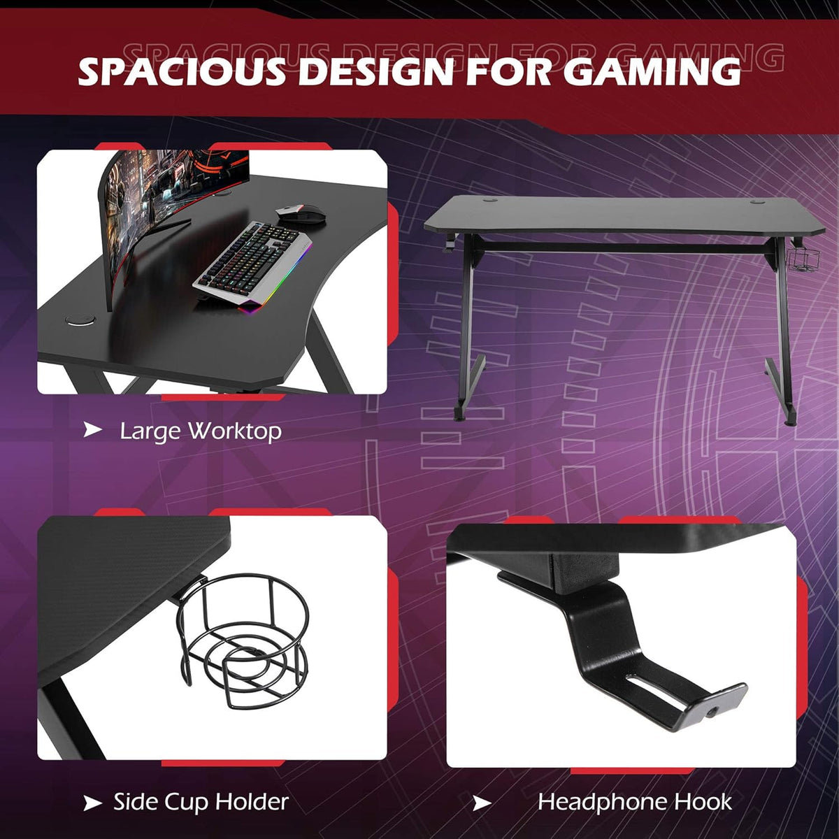Black Gaming Desk with Cup Holder and Headphone Hook G372