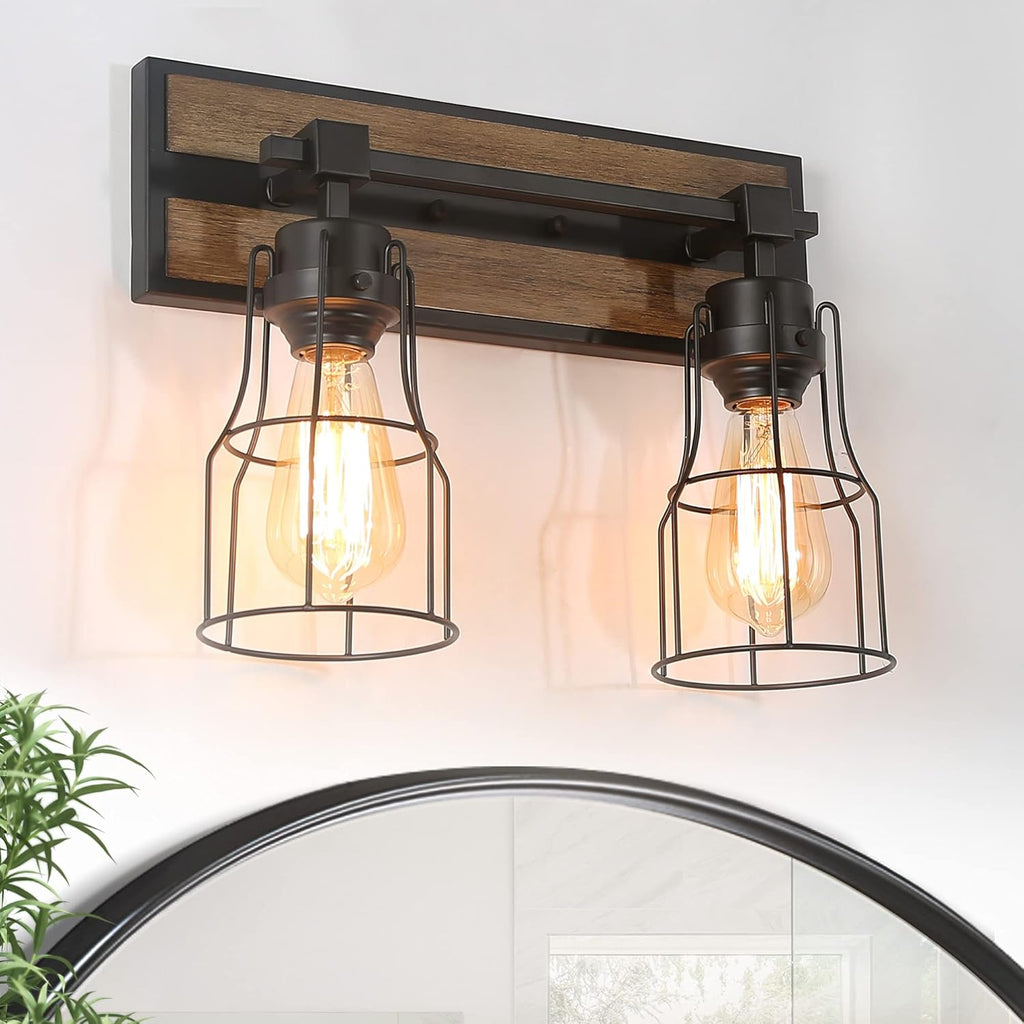 Bathroom Vanity Light Fixtures with Metal Cage, Faux Wood Finish Q304611
