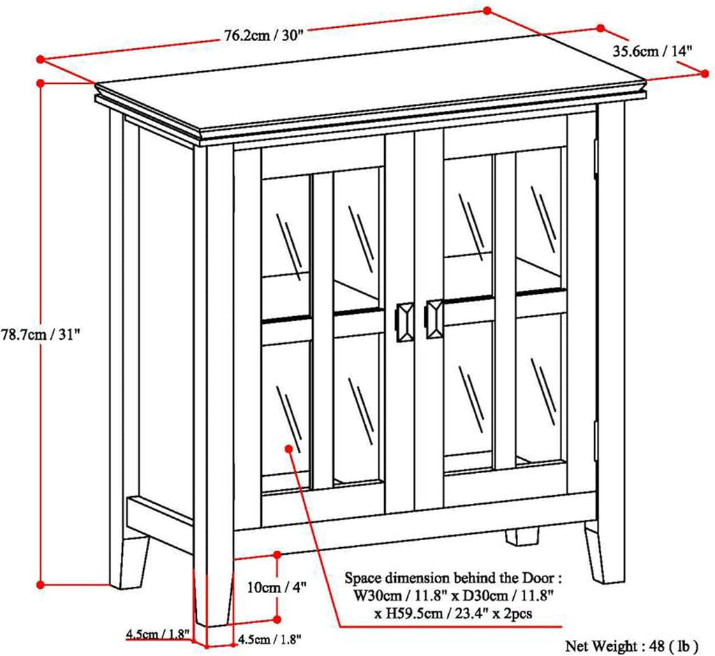 White 30 inch Solid Wood Low Storage Cabinet with 2 Tempered Glass Doors and 2 Adjustable Shelves Y12170