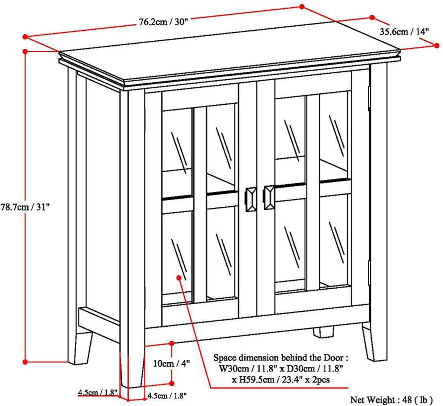 White 30 inch Solid Wood Low Storage Cabinet with 2 Tempered Glass Doors and 2 Adjustable Shelves Y12170