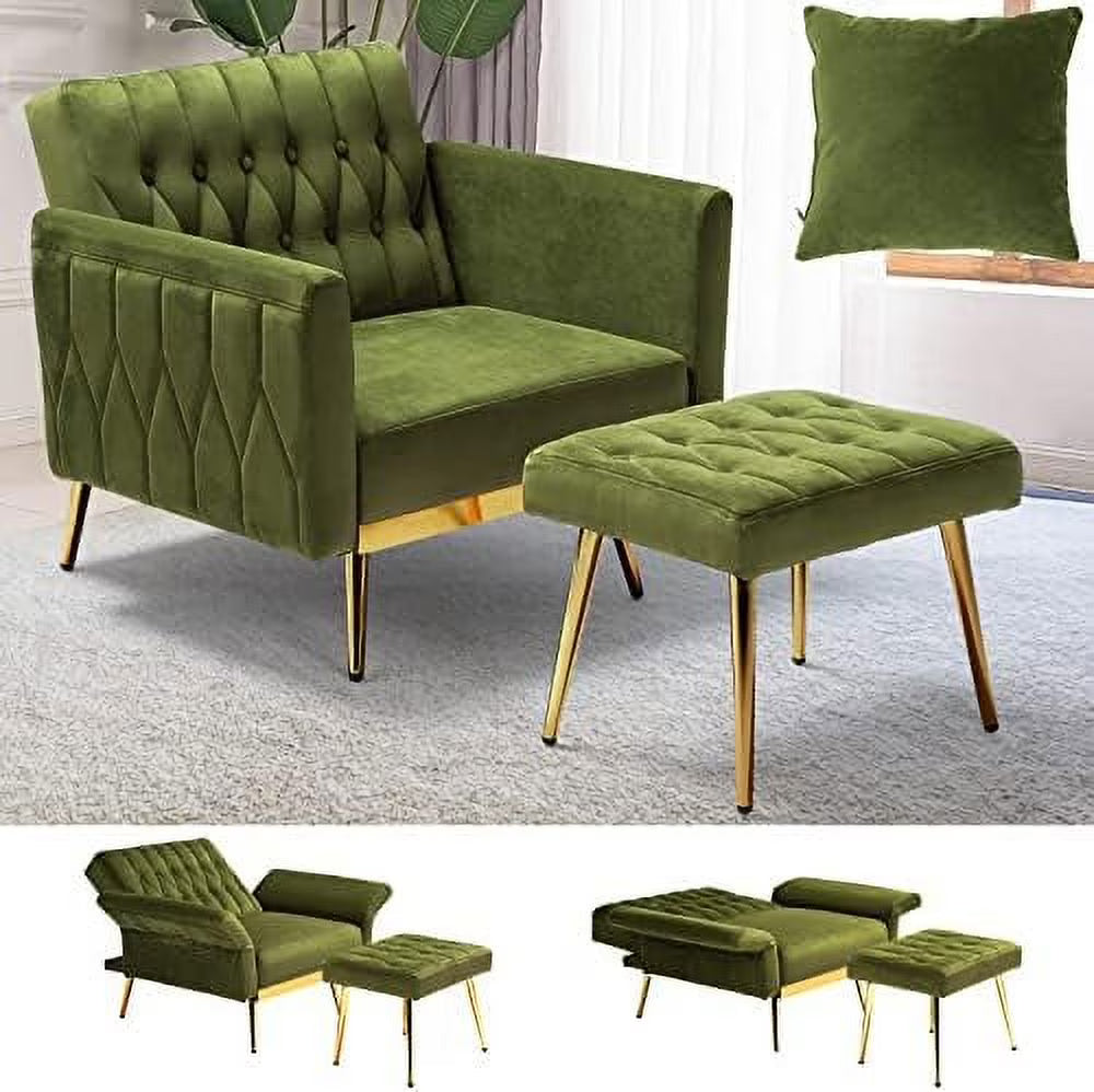 Olive Green Velvet Single Recliner Armchair with Ottoman and Pillow G903867