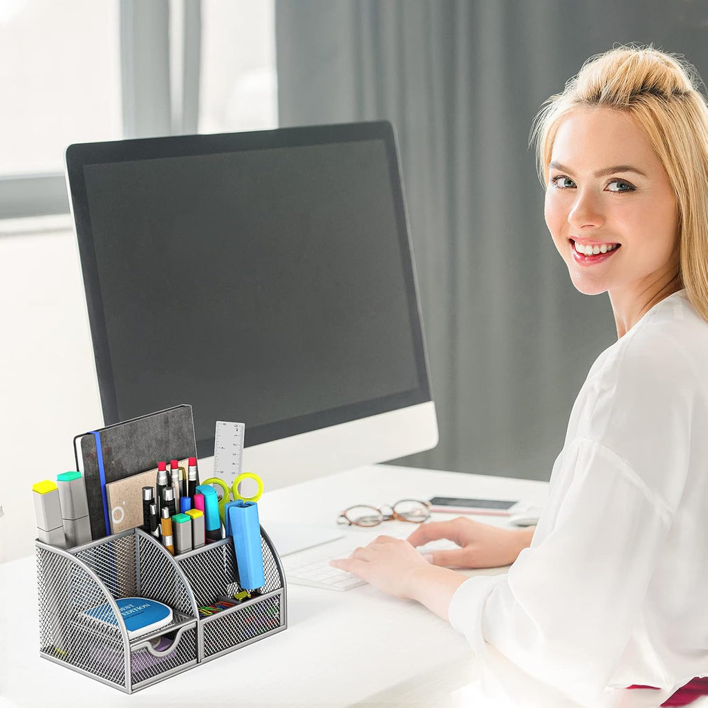 Metal Desk Organizer with 6 Compartments and 1 Drawer V658952