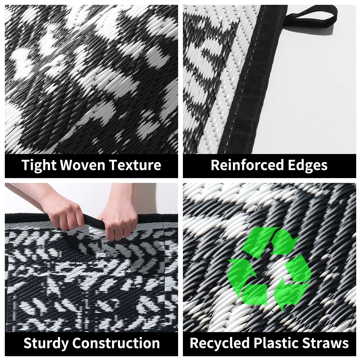Black and White Waterproof Plastic Straw Reversible Outdoor Rug 5x8 G488