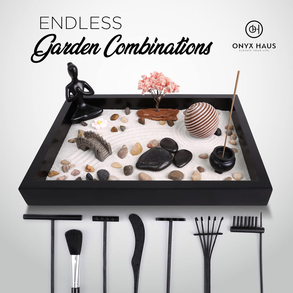 Zen Garden Desk Decor Set with Wooden Tray, White Sands, Rocks, Rake Tools, Pack of 2 M152269