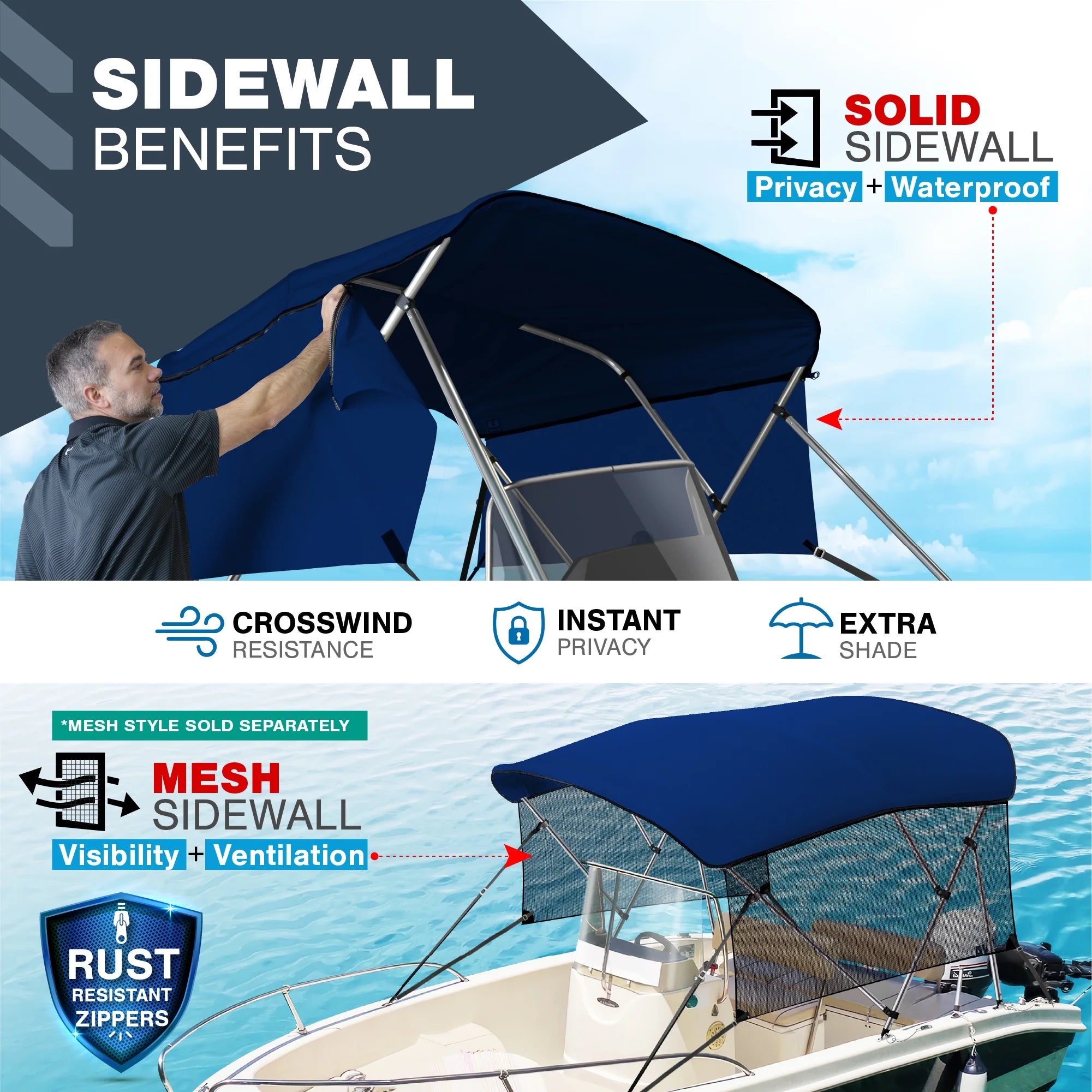 Navy Blue 3-Bow Bimini Top for Boats with Storage Boot D230521