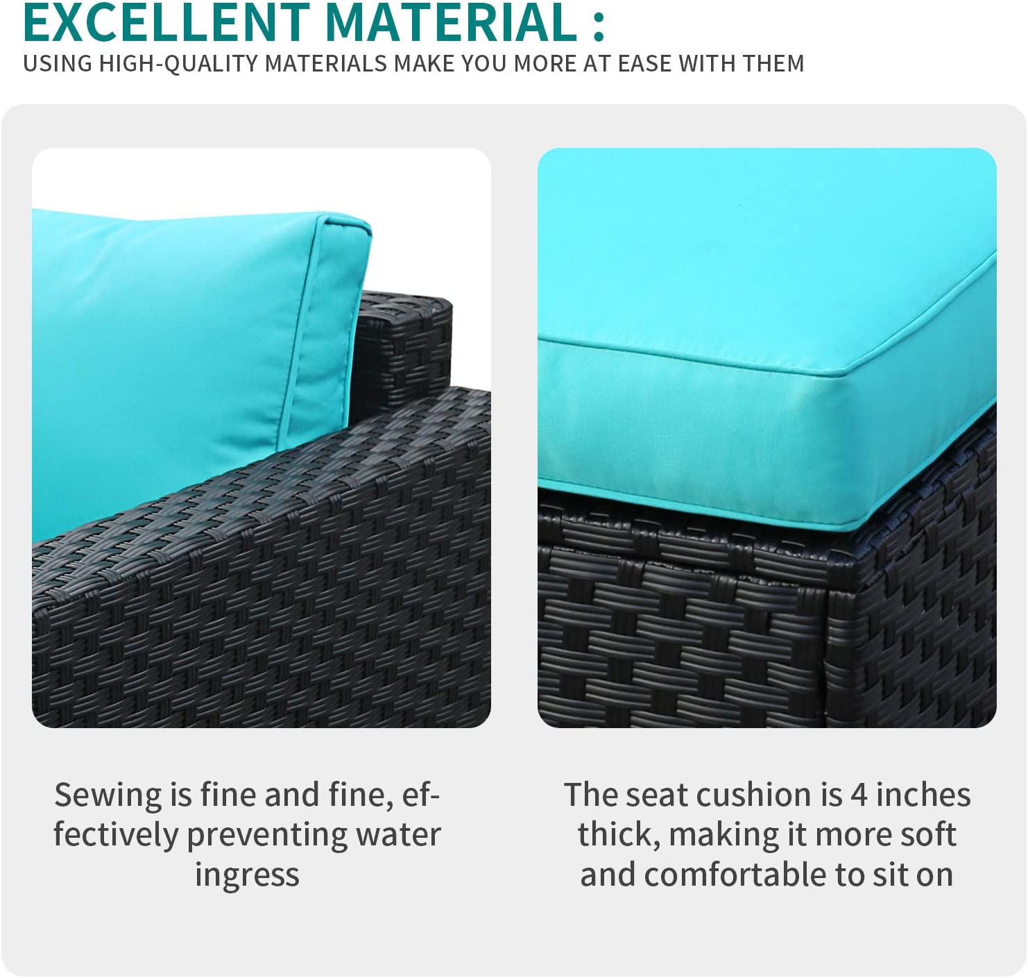 Black Rattan 4 Piece Outdoor Wicker Sectional Sofa with Turquoise Cushions Z691