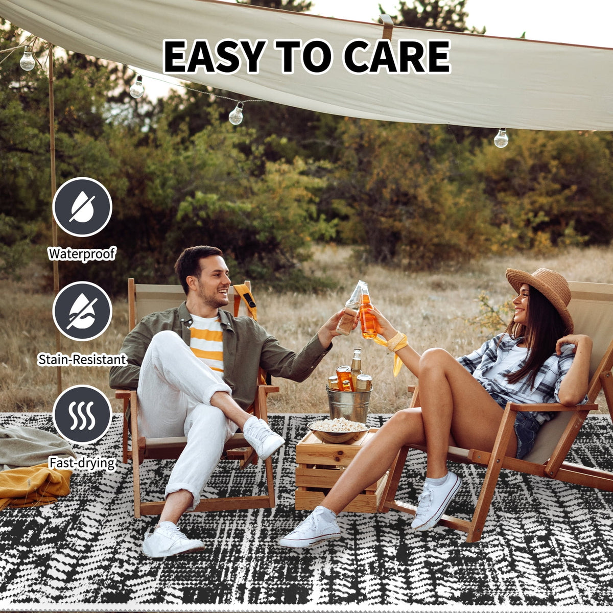 Black and White Waterproof Plastic Straw Reversible Outdoor Rug 5x8 G488