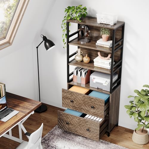 Brown 2-Drawer File Cabinet with 3 Open Storage Shelves I35284