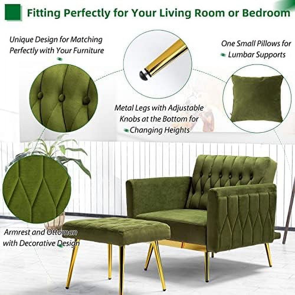 Olive Green Velvet Single Recliner Armchair with Ottoman and Pillow G903867