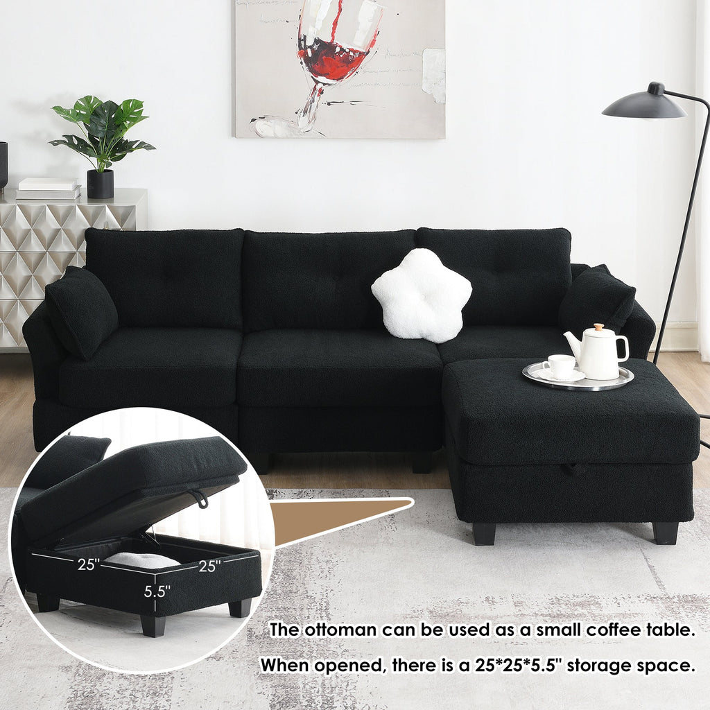 Black Velvet Sectional Sofa with Storage Ottoman O377