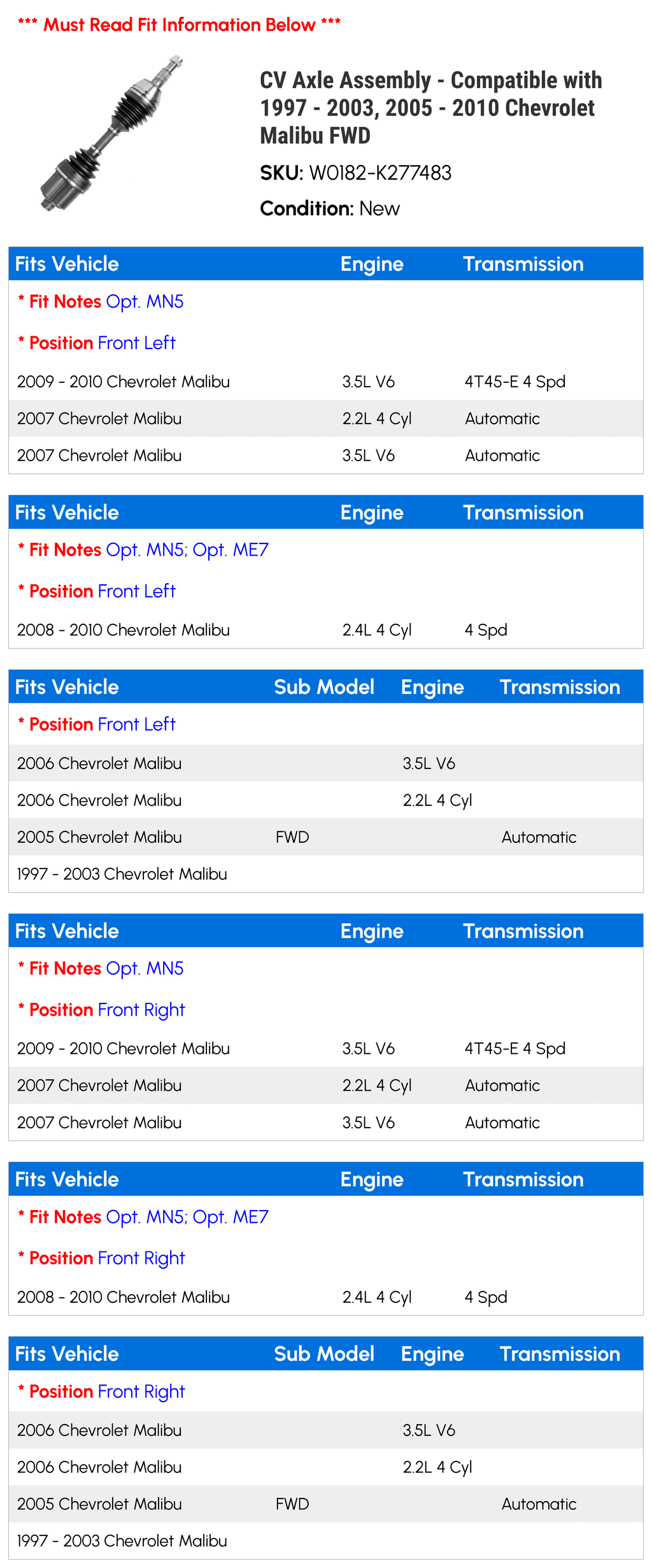 CV Axle Assembly for Chevy Malibu FWD T6152