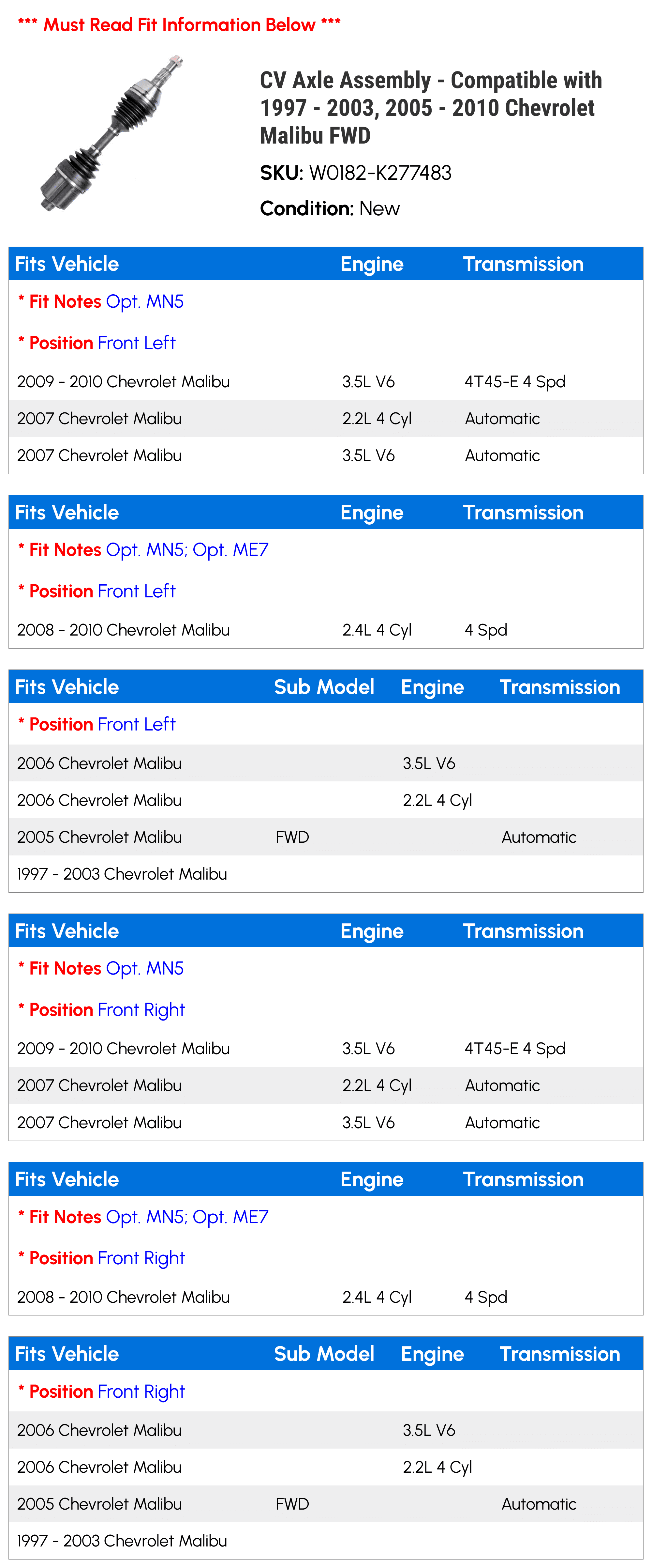 CV Axle Assembly for Chevy Malibu FWD T6152
