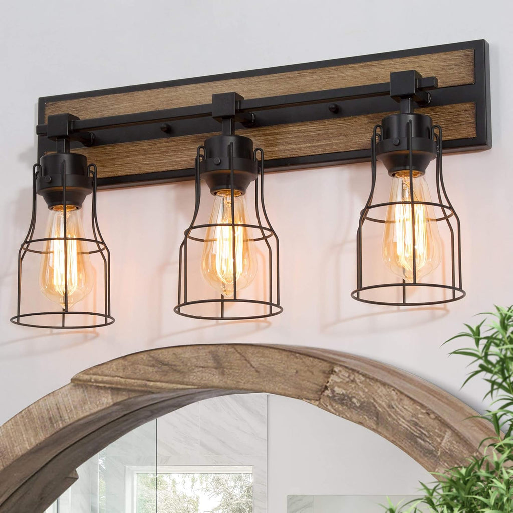 Bathroom Vanity Light Fixtures with Metal Cage, Faux Wood Finish Q304611
