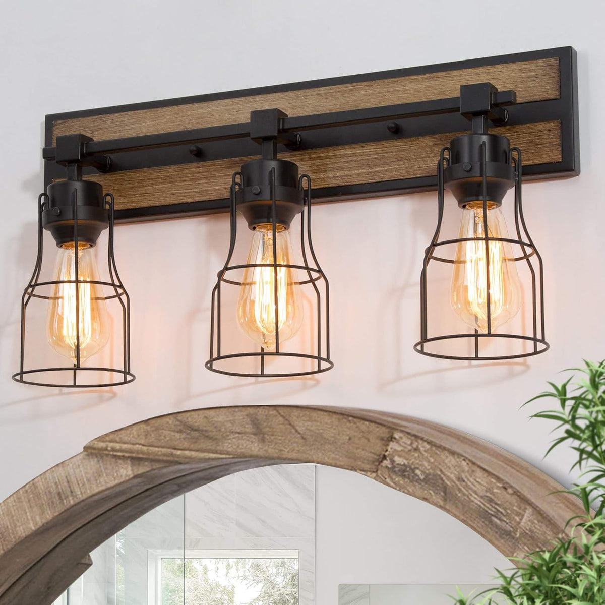 Bathroom Vanity Light Fixtures with Metal Cage, Faux Wood Finish Q304611