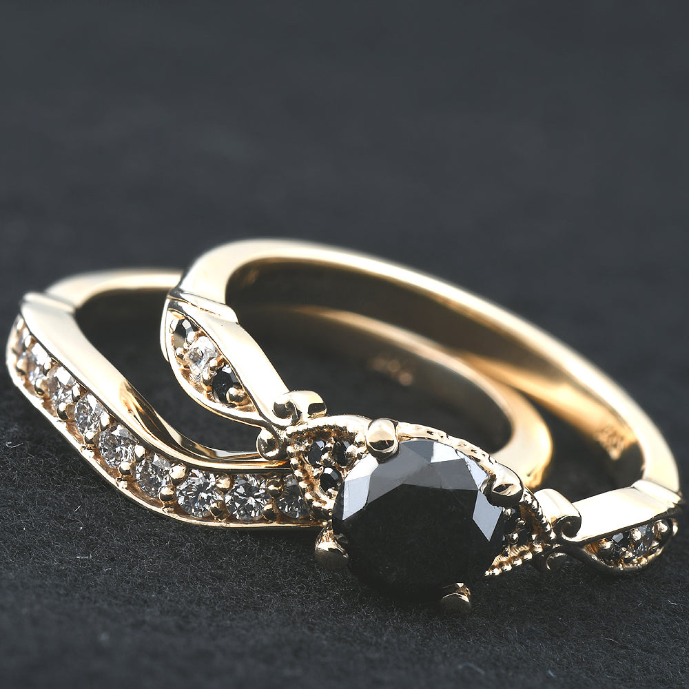 Black & White Diamond Engagement Wedding Ring Set 10k Yellow Gold Y15885