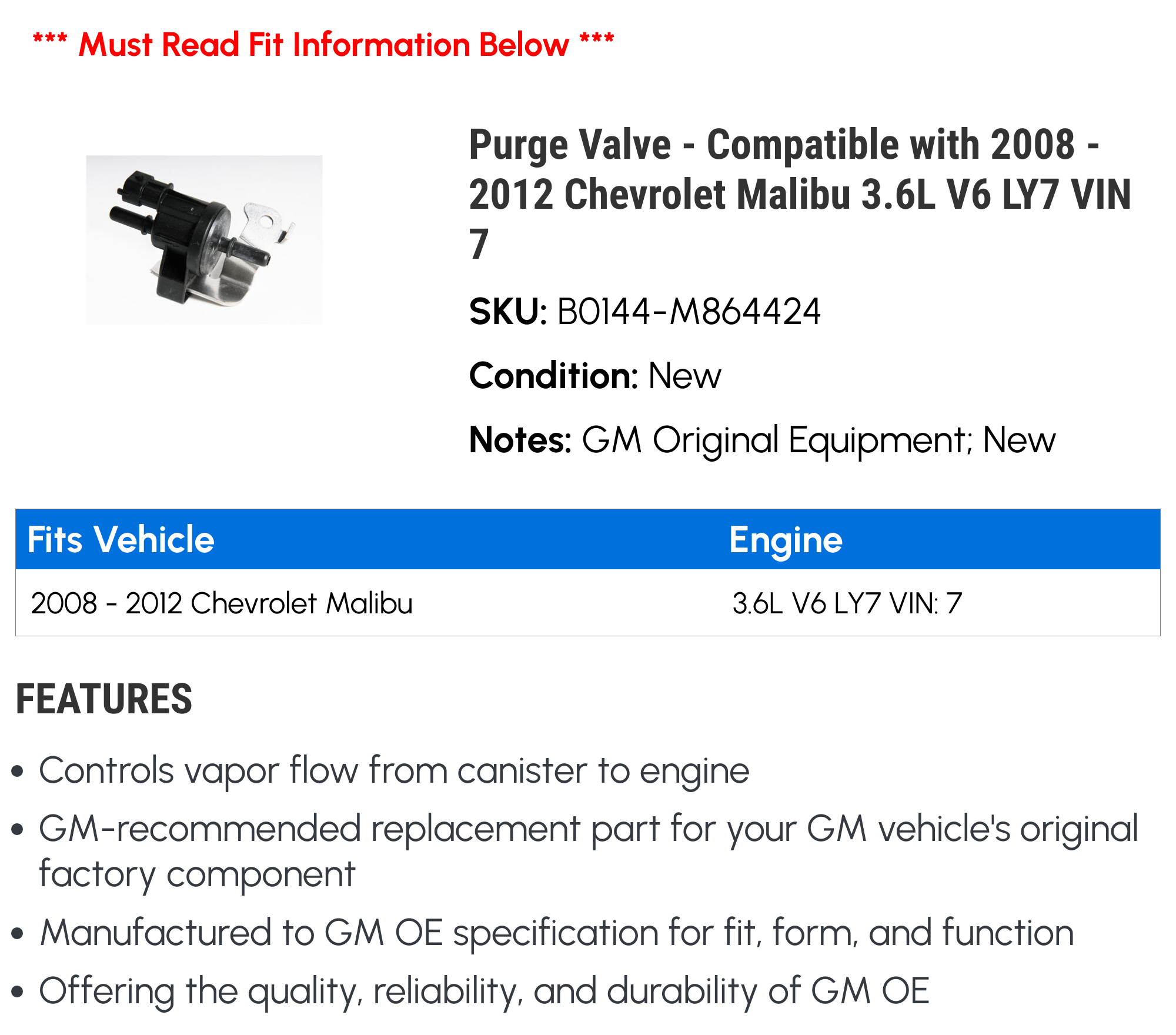 Purge Valve for 2008-2012 Chevy Malibu 3.6L V6 LY7 VIN 7 O683