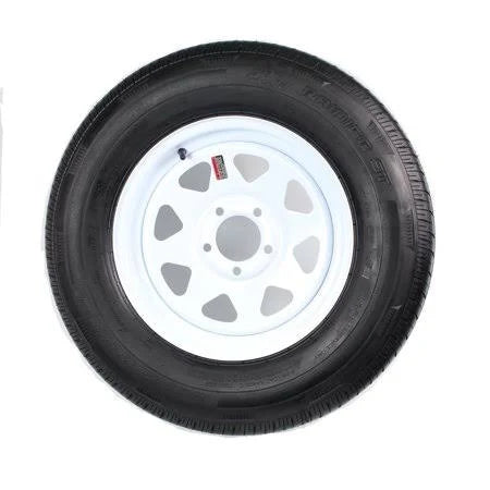 Radial Trailer Tire on White Spoke Rim 15 5 Lug D318560