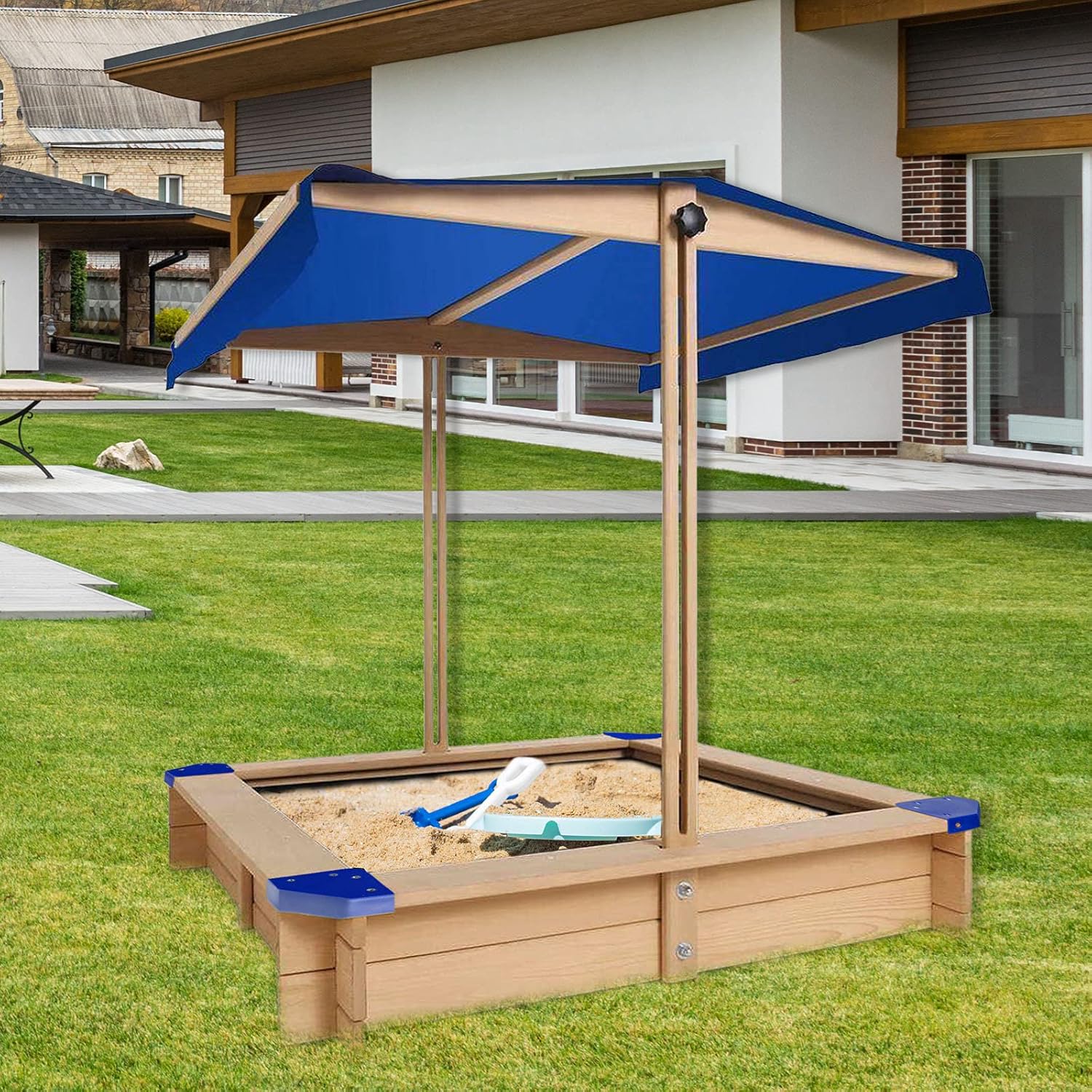 Kids Sandbox with Cover Wooden Outdoor Sandbox with Canopy Black H84545
