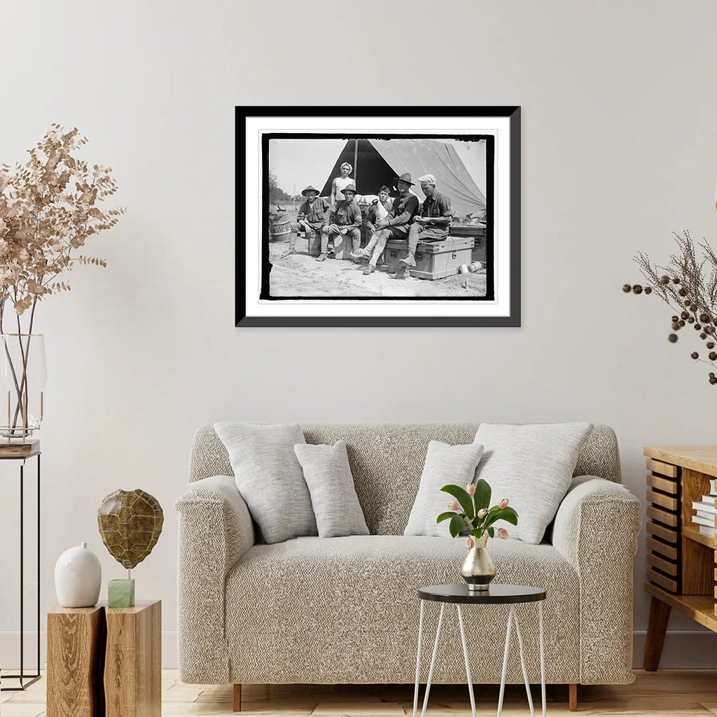 Historic Framed Print, U.S. Army group of soldiers in front of tent, 17-7/8" x 21-7/8" T455452