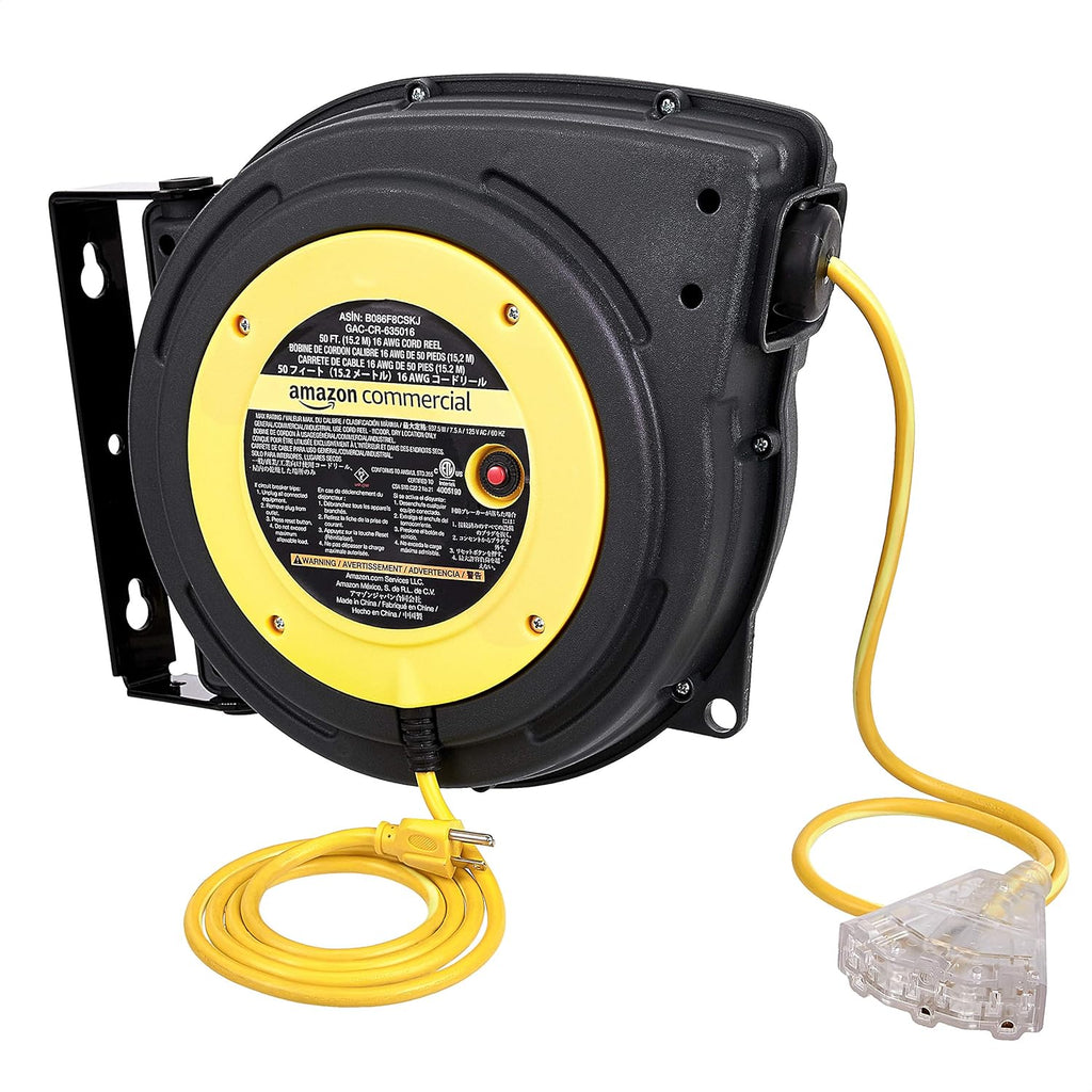 Retractable Heavy Duty 16AWG x 50' Extension Cord Reel with Glow Strip Cable and LED Light-Up Triple Tap Connector F744920
