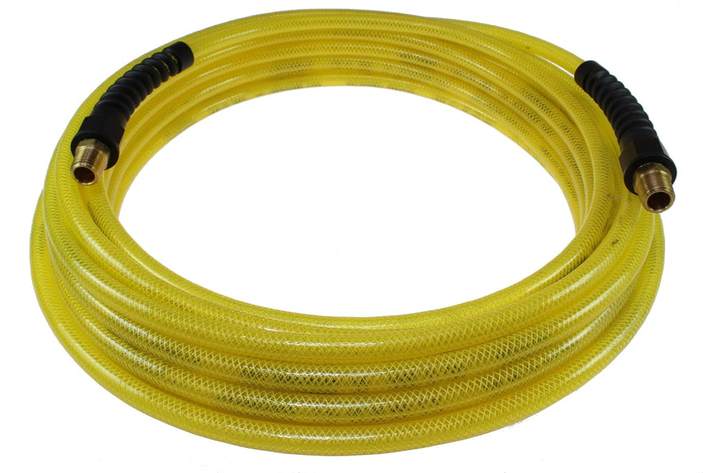Transparent Yellow Reinforced Polyurethane Air Hose, 3/8-Inch ID, 100-Foot Length with Reusable Strain Relief Fittings F33439
