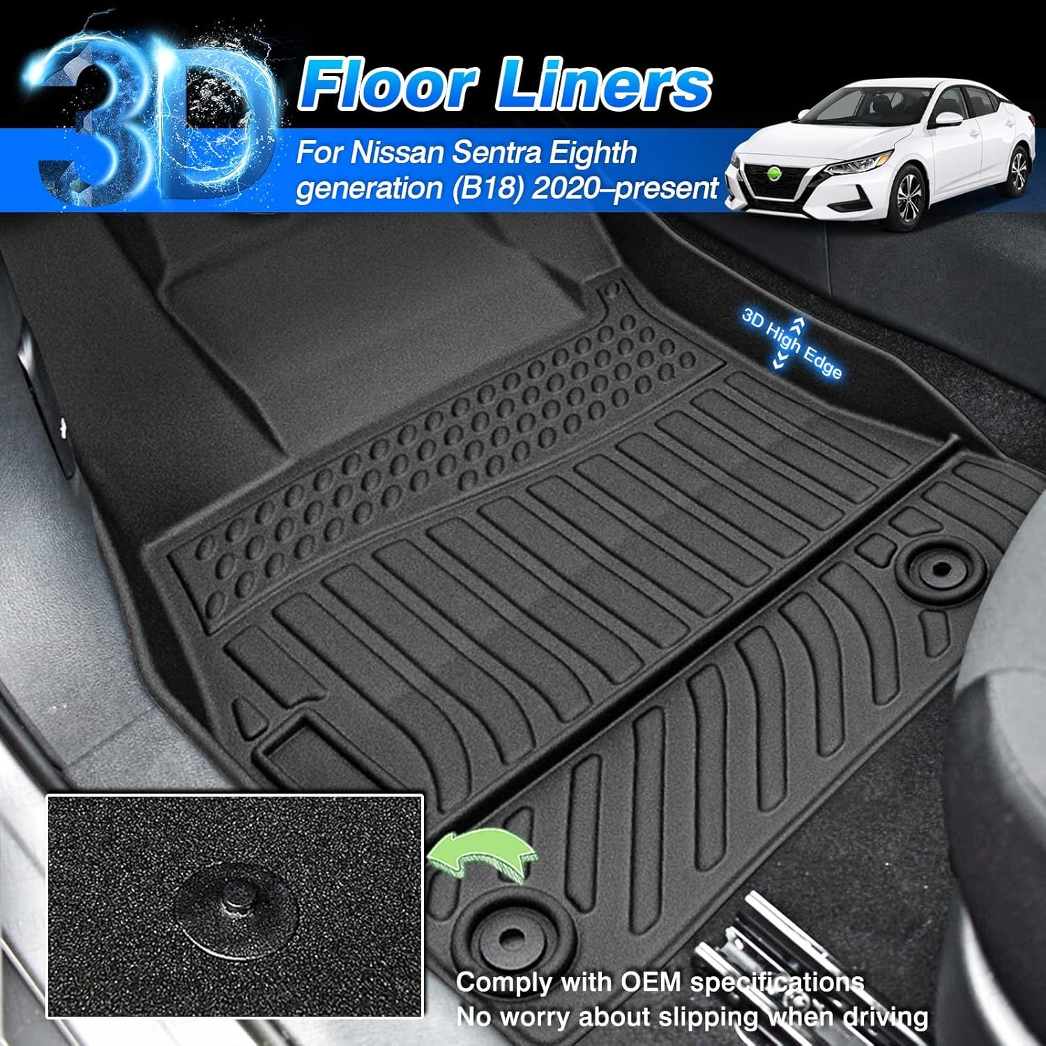 All Weather Non-Slip Floor Mats for Nissan Sentra 2020 2021 2022 1st & 2nd Row C150286