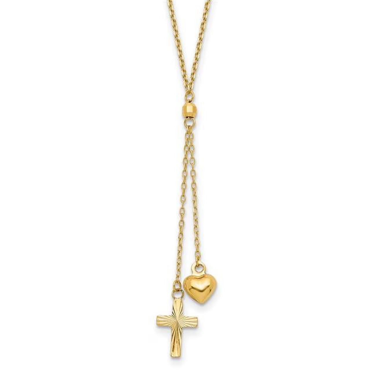 14K Yellow Gold Puffed Heart Diamond-Cut Cross Graduated Chain Necklace X67621