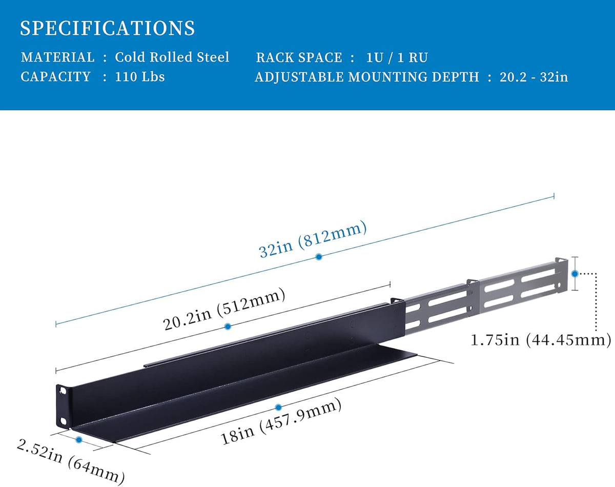 1U 4-Post Server Rack Rail, 20.2-32 Inch Adjustable Depth, 110lbs Capacity H376051