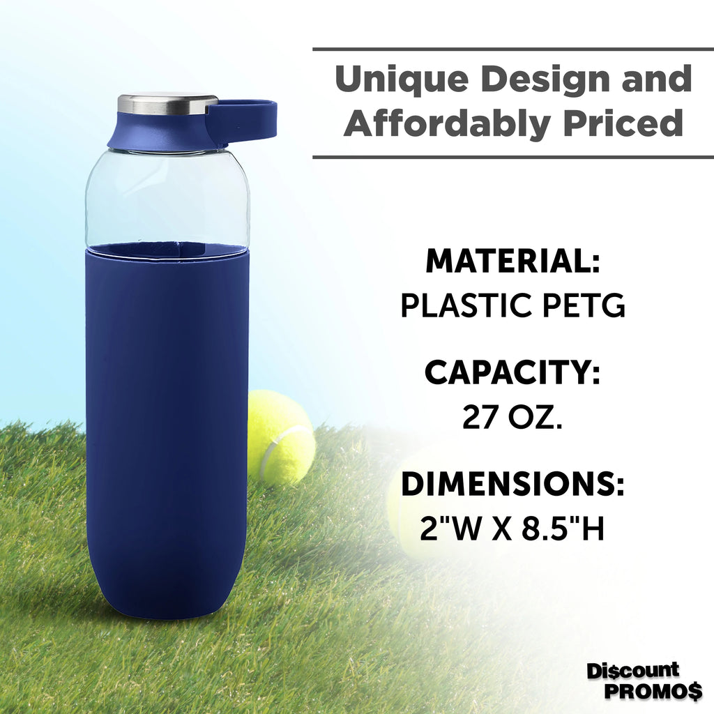 Navy Blue Plastic Water Bottles with Carrier Handle, 27 oz, Set of 10 H913297