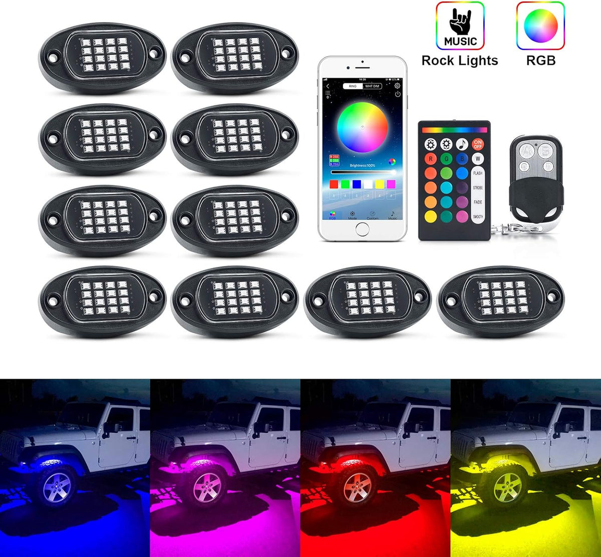 10 Pods RGB LED Rock Lights with APP/Double RF Remote Control for Cars Off Road SUV ATV UTV Vehicles Pack of 2 Z3706