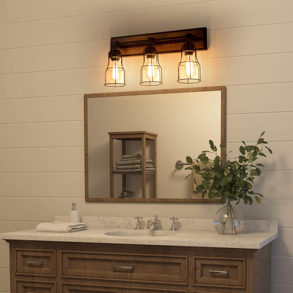 Bathroom Vanity Light Fixtures with Metal Cage, Faux Wood Finish Q304611