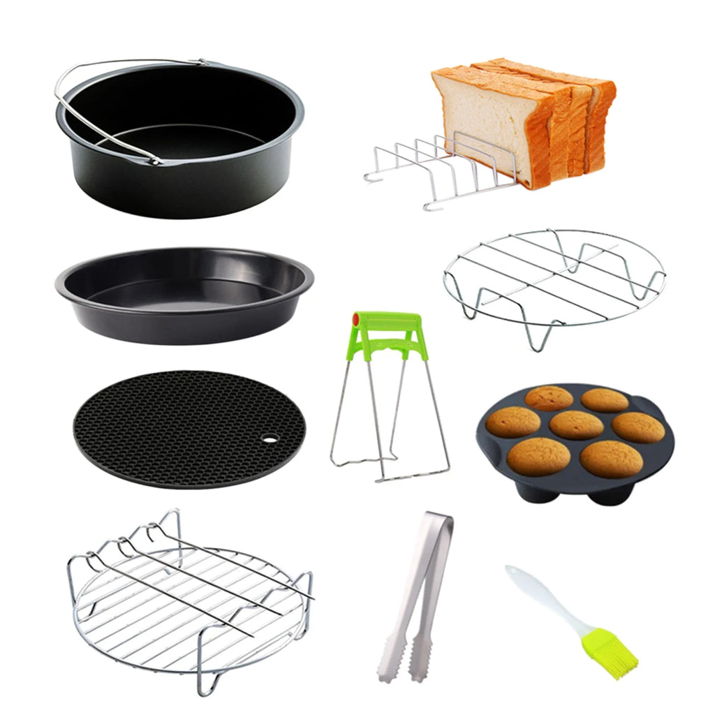 10Pcs Air Fryer Accessory Kit Frying Baking Pan Rack Pizza Tray Metal Holder Bread Bracket Cupcake Mould Set U537