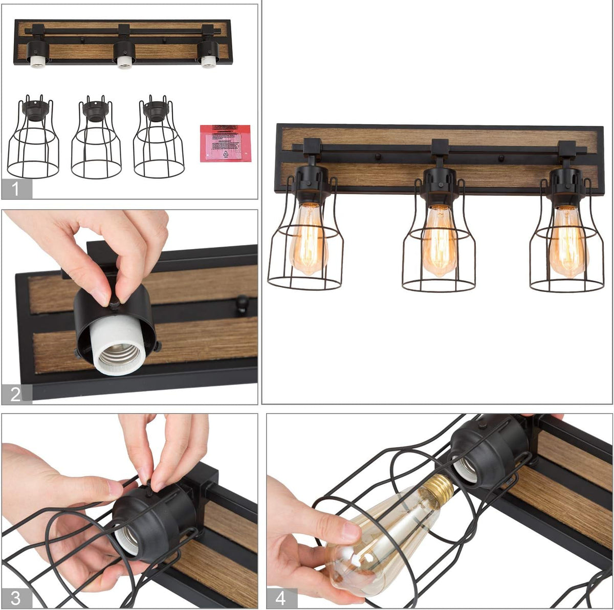 Bathroom Vanity Light Fixtures with Metal Cage, Faux Wood Finish Q304611
