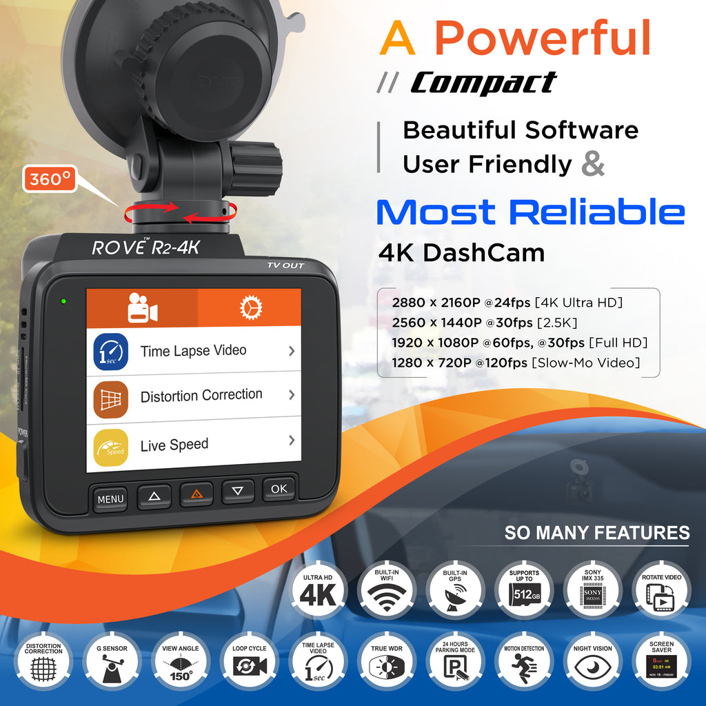 R2-4K Dash Cam with Built-in WiFi GPS, UHD 2160P, 2.4" LCD Display, 150° Wide Angle, WDR, Night Vision J9875