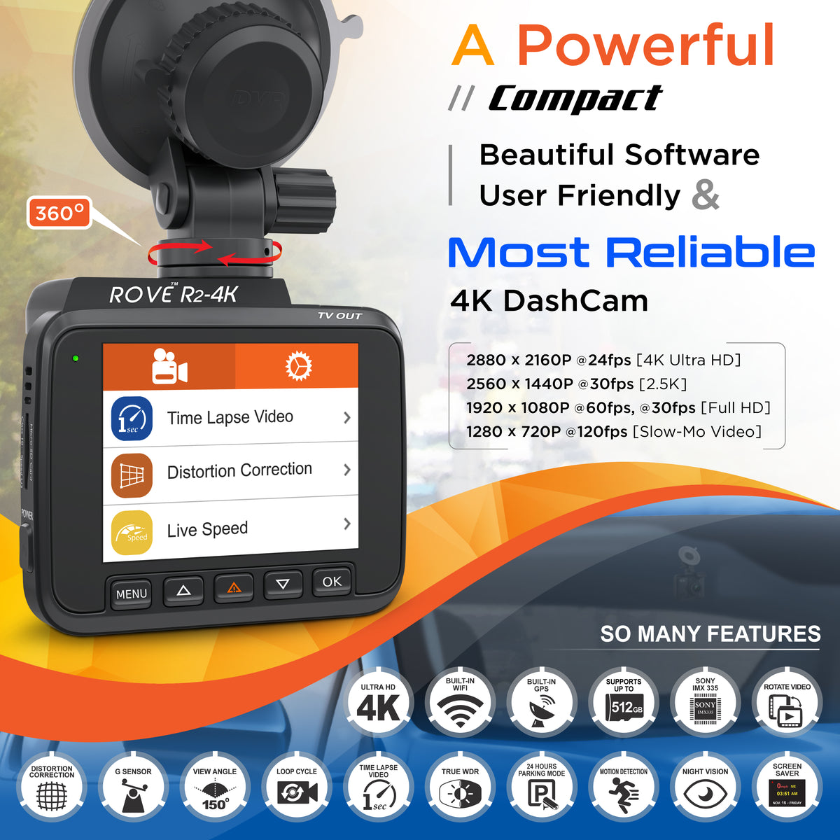 R2-4K Dash Cam with Built-in WiFi GPS, UHD 2160P, 2.4" LCD Display, 150° Wide Angle, WDR, Night Vision J9875