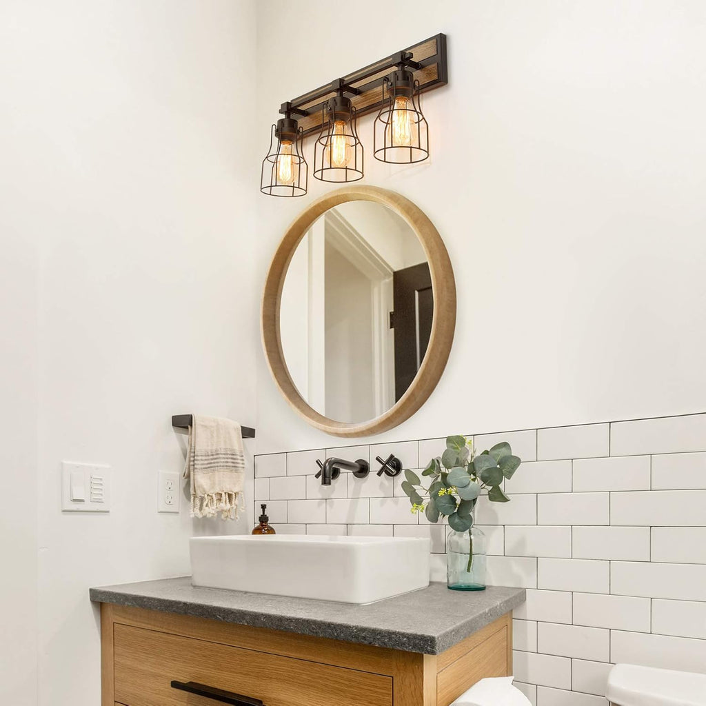 Bathroom Vanity Light Fixtures with Metal Cage, Faux Wood Finish Q304611