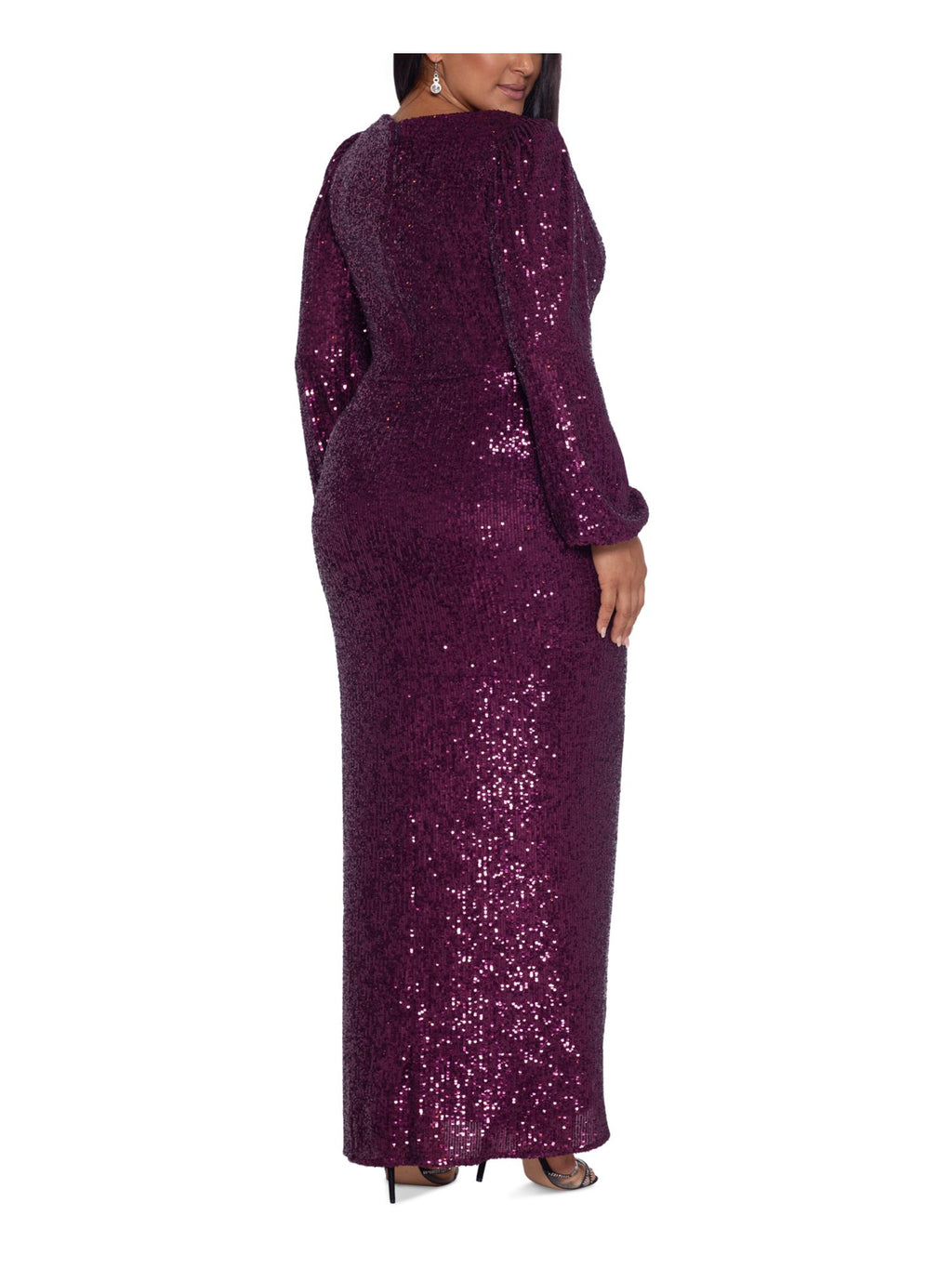 Burgundy Sequined Slitted Long Sleeve V Neck Tea-Length Evening Gown Dress Plus 18W D927551