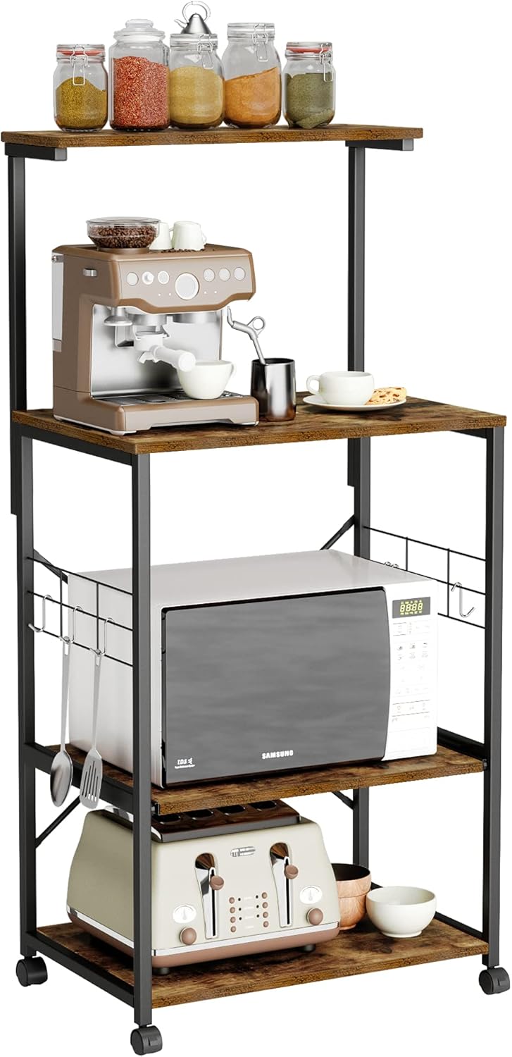 4 Tier Kitchen Utility Storage Shelf Cart on Wheels with Side Hooks (Gray) Q5887