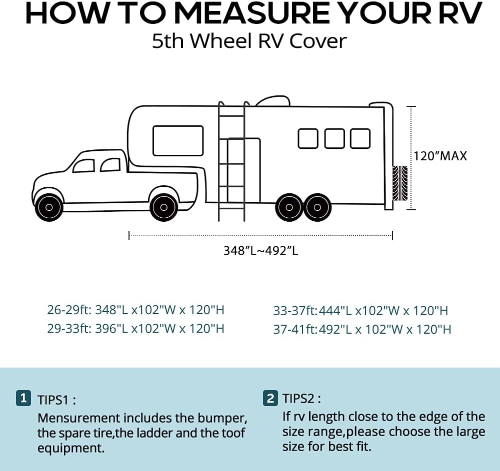 5th Wheel RV Cover with 2 Windproof Straps and 4 Tire Covers K64949