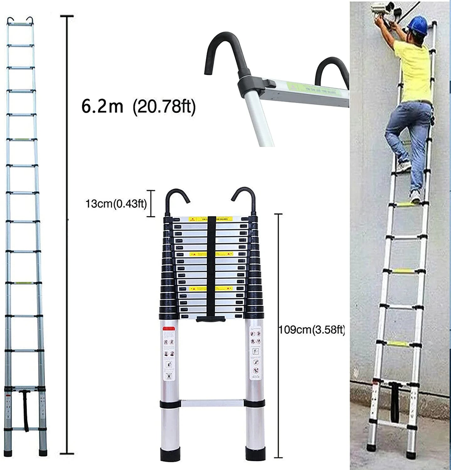 20.34 FT Aluminum Telescoping Multi-Position Ladder with Detachable Hook W824