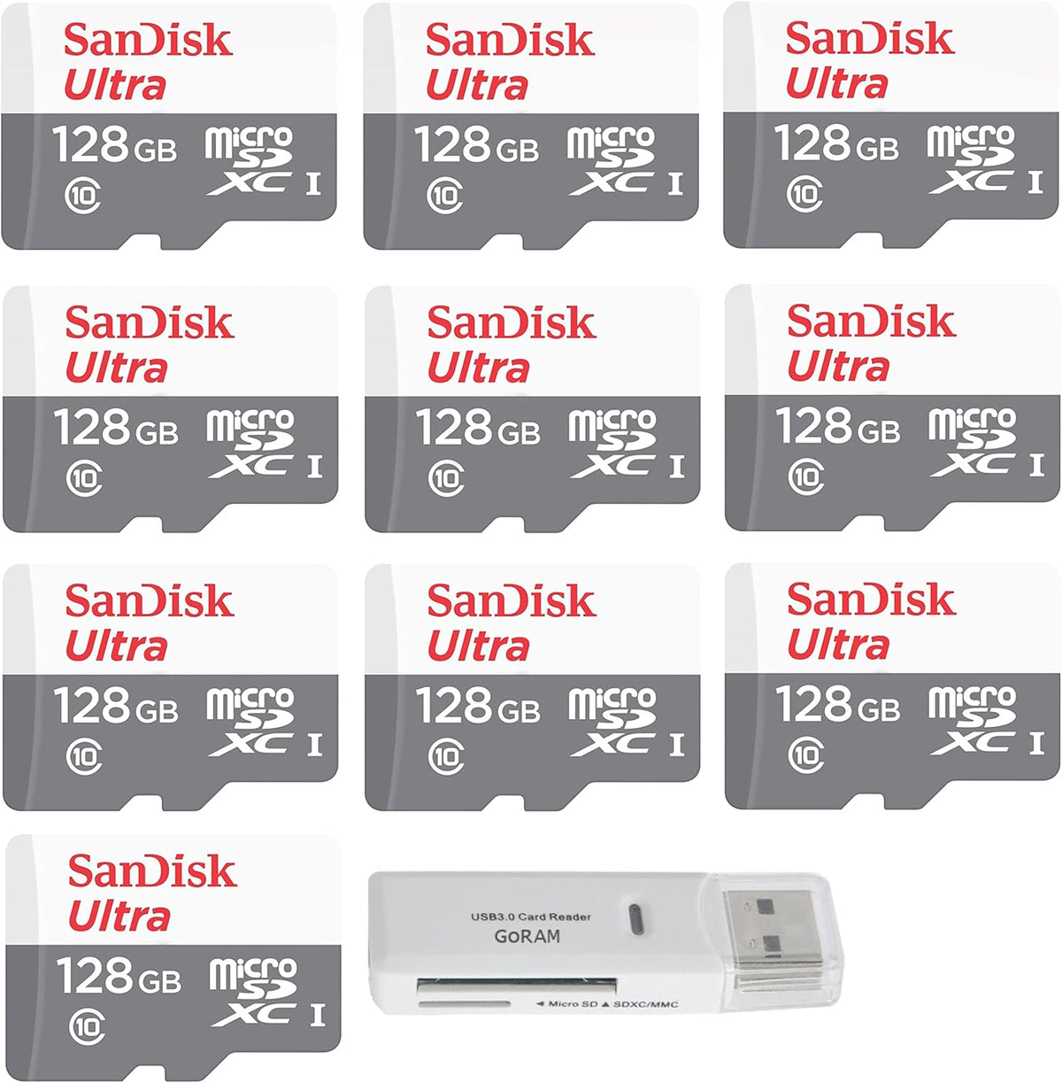 128GB 10 Pack MicroSD Class 10 100MB/s Micro SDXC Memory Card with Reader D959